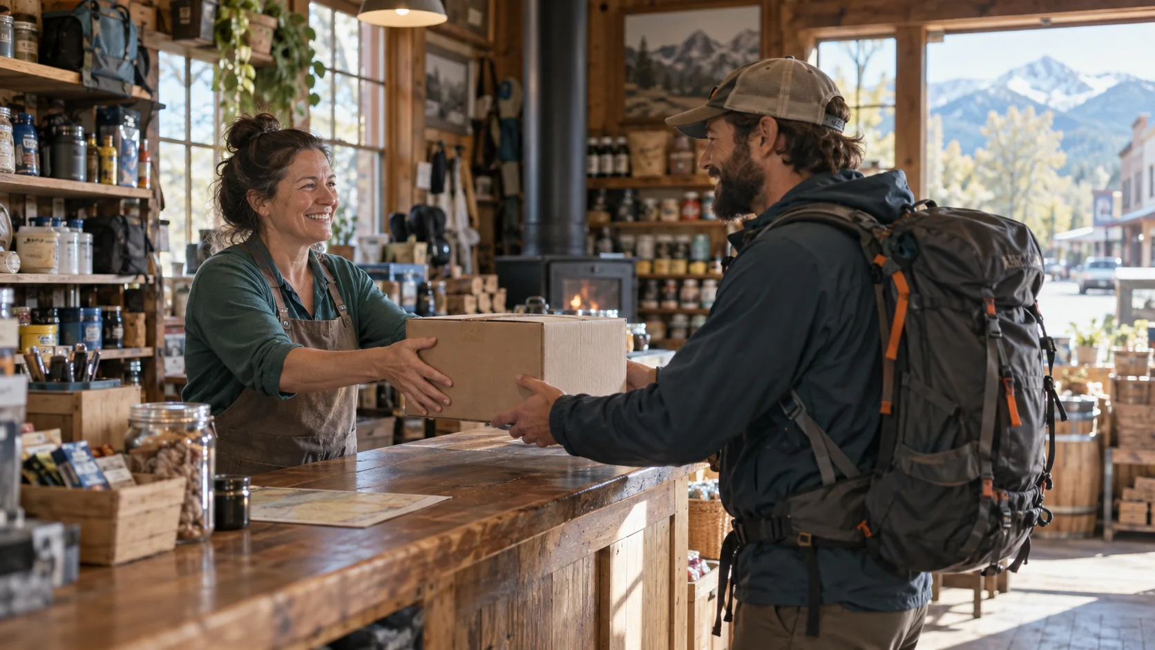 Illustration of a shop owner handing a resupply box to a backpacker